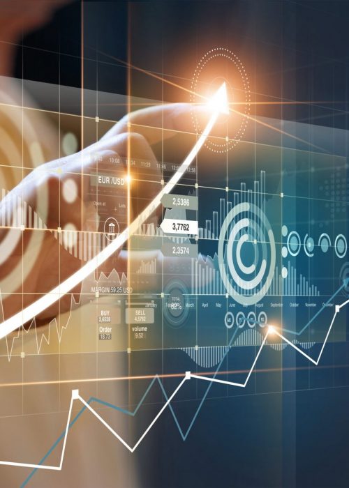 Businessmen pointing to arrows and business growth graphs on a modern virtual interface on global network, Banking, Stock market and currency exchange.